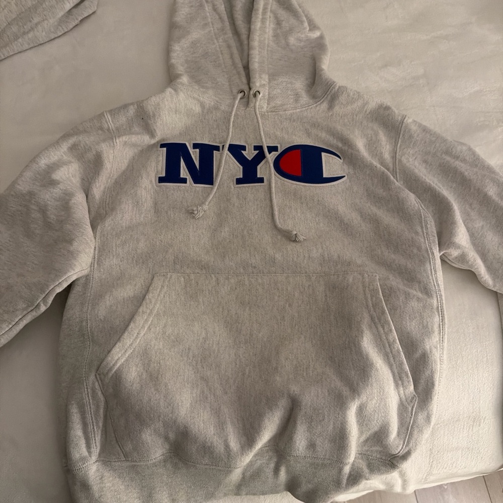 Champion Light Gray Hoodie with NYC Graphic